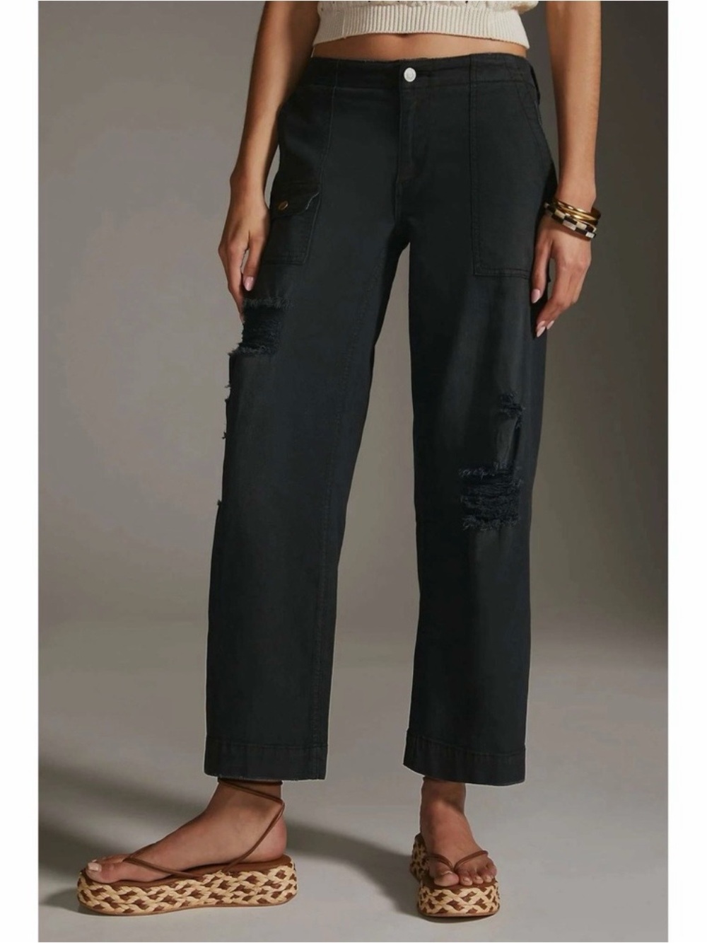 Pilcro by Anthropologie Black Wide cropped Distressed Cargo Pants